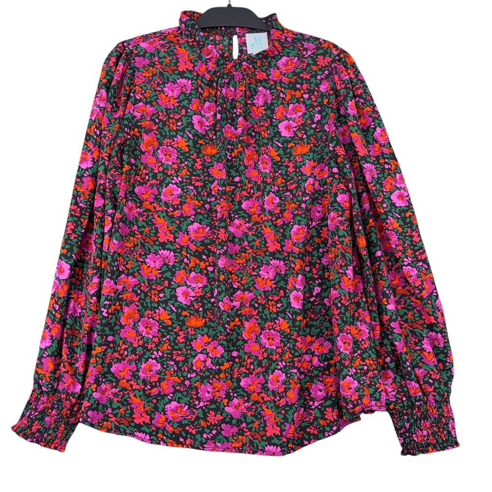 Shop the Mint Floral Blouse Womens XL Pink Orange High Ruffle‎ Neck Smocked Cuff